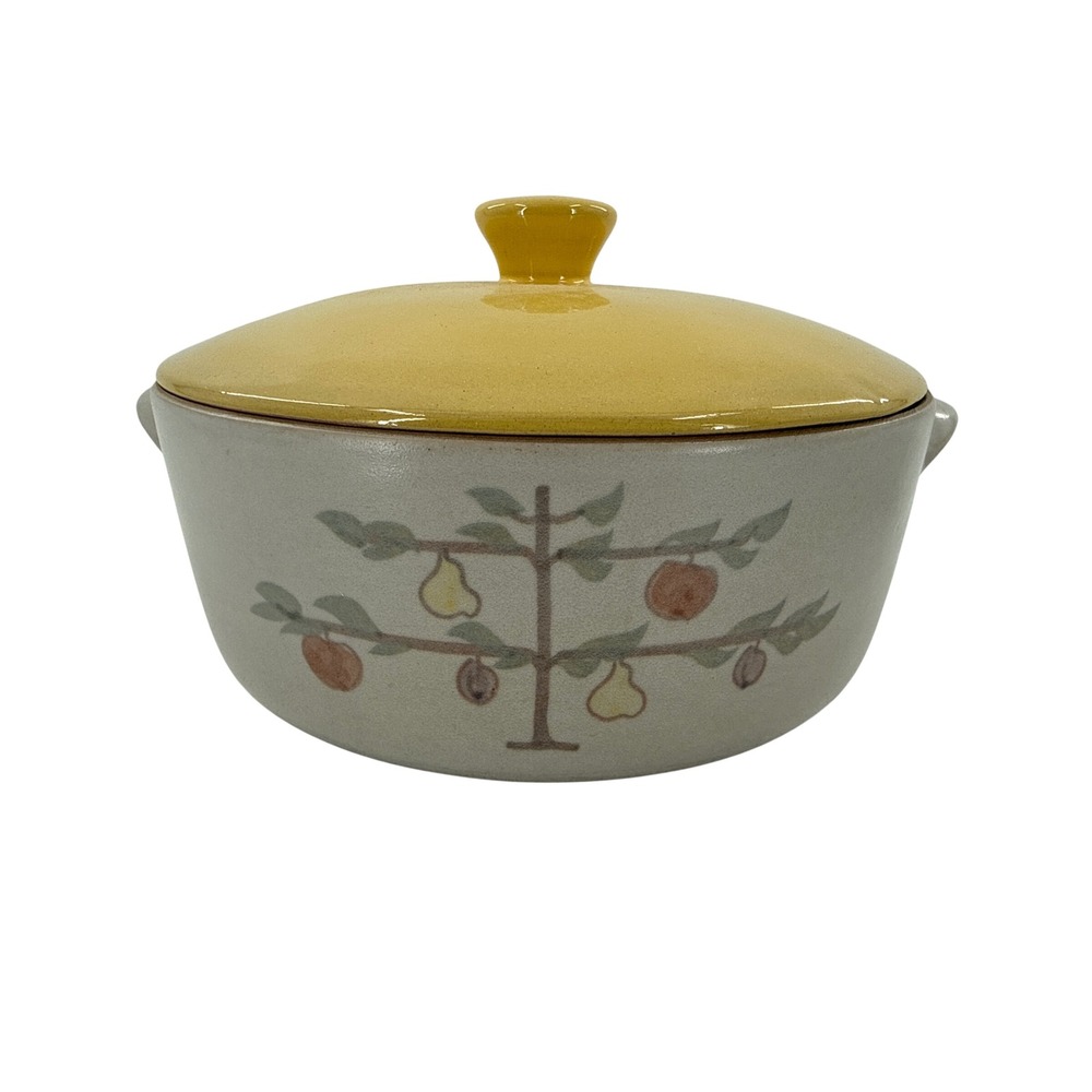 Vintage Fruit Tree Stoneware Casserole Dish with Yellow‎ Lid and Side Handles